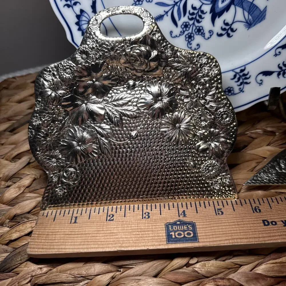 Vtg TK Japan Silver Tone Butler Crumb Catcher Tray Set Floral Mid Century Modern